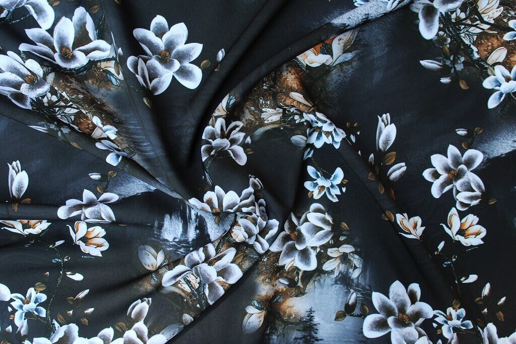 POLYESTER STRETCH DRESS FABRIC DES.8/4 BLACK BACKGROUND POLYESTER STRETCH DRESS FABRIC FLORAL BLACK
