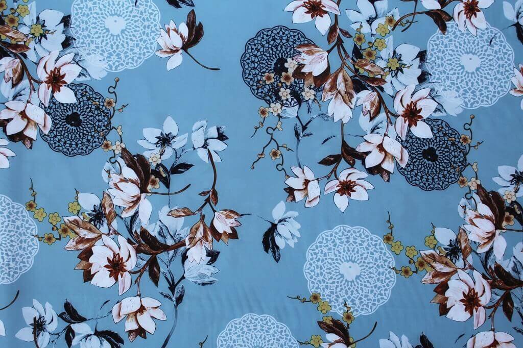 POLYESTER STRETCH DRESS FABRIC DES.6/2 SKY BLUE BACKGROUND Polyester Stretch Dress Fabric