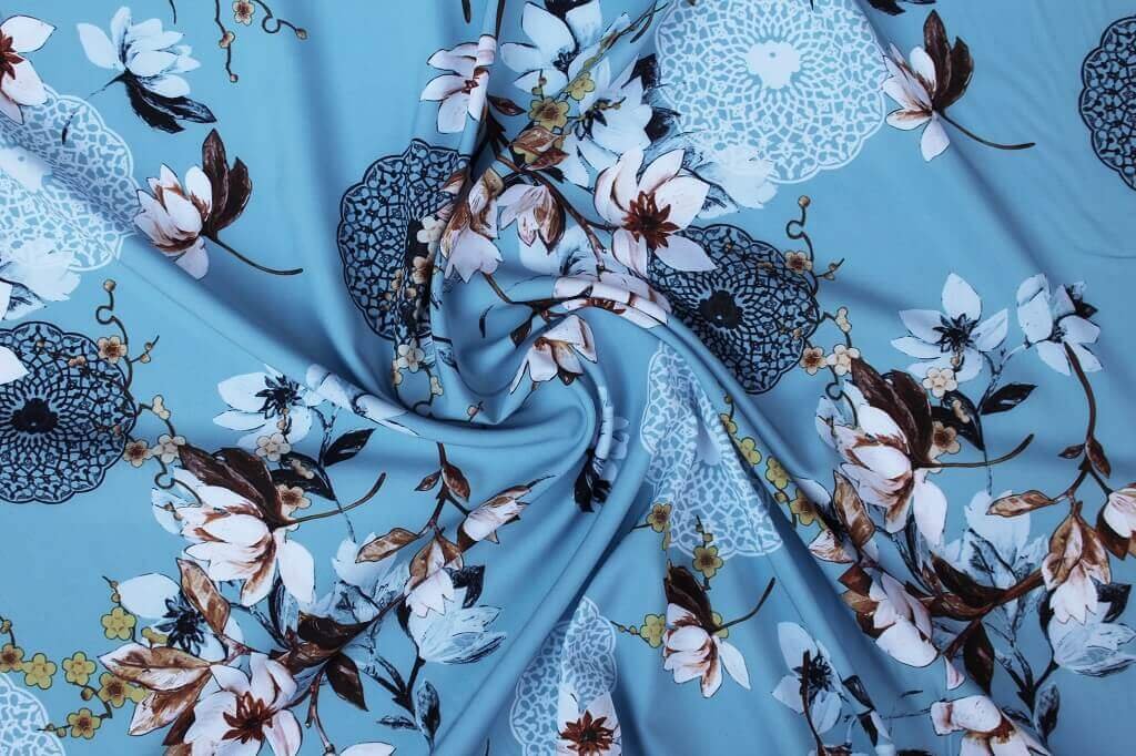POLYESTER STRETCH DRESS FABRIC DES.6/2 SKY BLUE BACKGROUND Polyester Stretch Dress Fabric