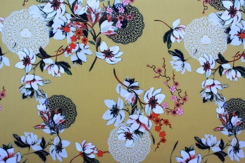 POLYESTER STRETCH DRESS FABRIC DES.6/3 YELLOW BACKGROUND Polyester Stretch Dress Fabric