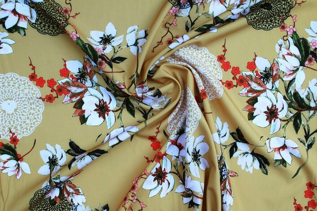 POLYESTER STRETCH DRESS FABRIC DES.6/3 YELLOW BACKGROUND Polyester Stretch Dress Fabric