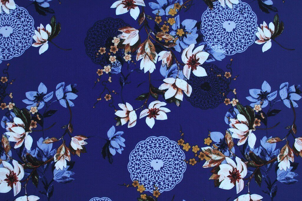 POLYESTER STRETCH DRESS FABRIC DES.6/4 PURPLE BACKGROUND Polyester Stretch Dress Fabric