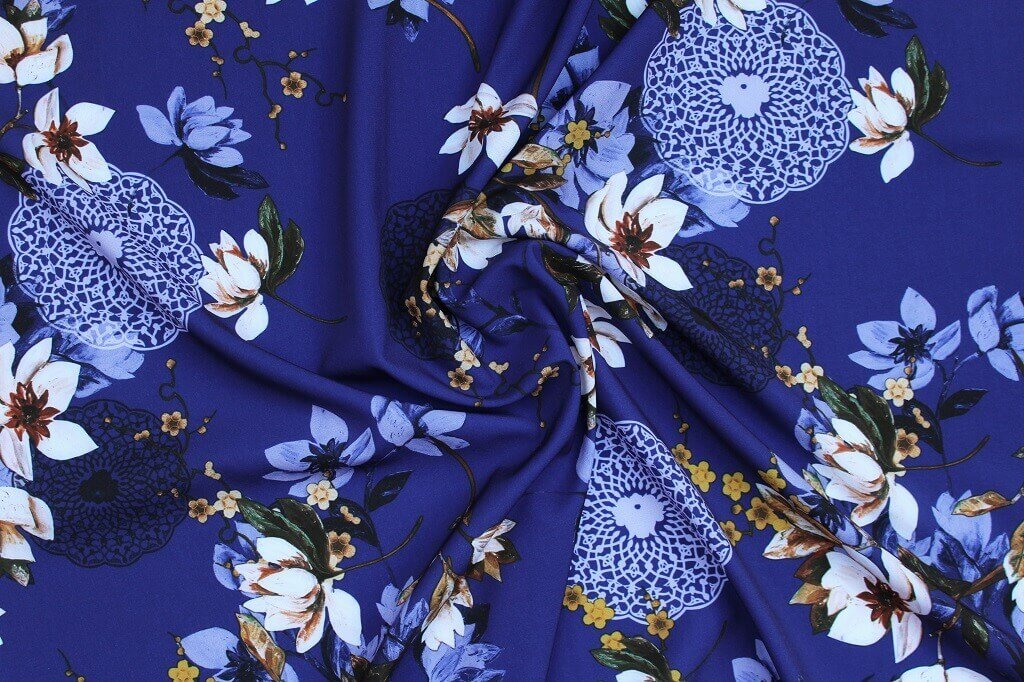 POLYESTER STRETCH DRESS FABRIC DES.6/4 PURPLE BACKGROUND Polyester Stretch Dress Fabric