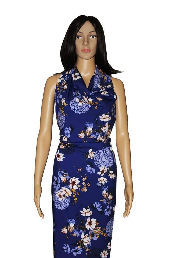 POLYESTER STRETCH DRESS FABRIC DES.6/4 PURPLE BACKGROUND Polyester Stretch Dress Fabric