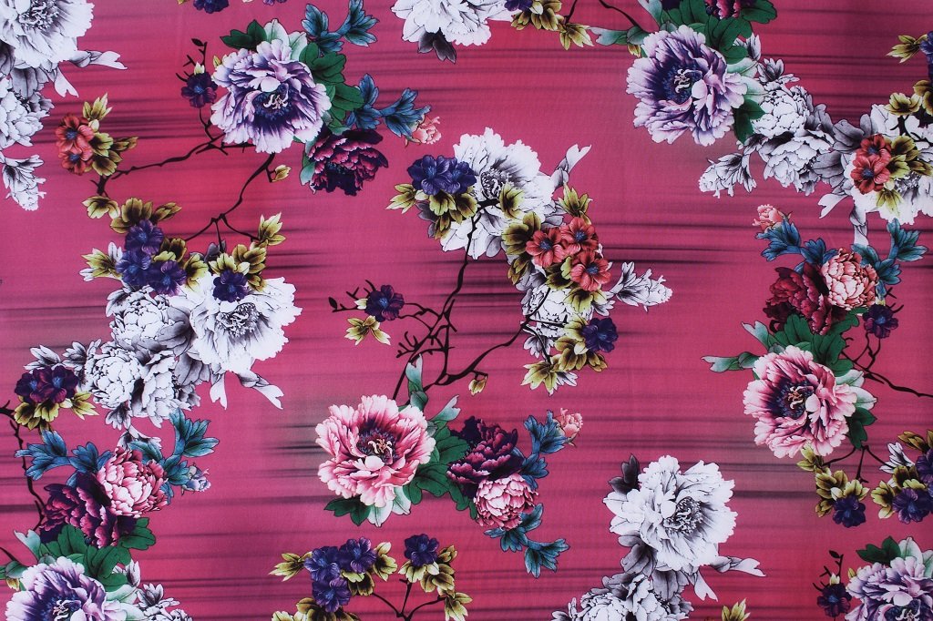 POLYESTER STRETCH DRESS FABRIC DES.7/2 MAGENTA BACKGROUND Polyester dress fabric magenta
