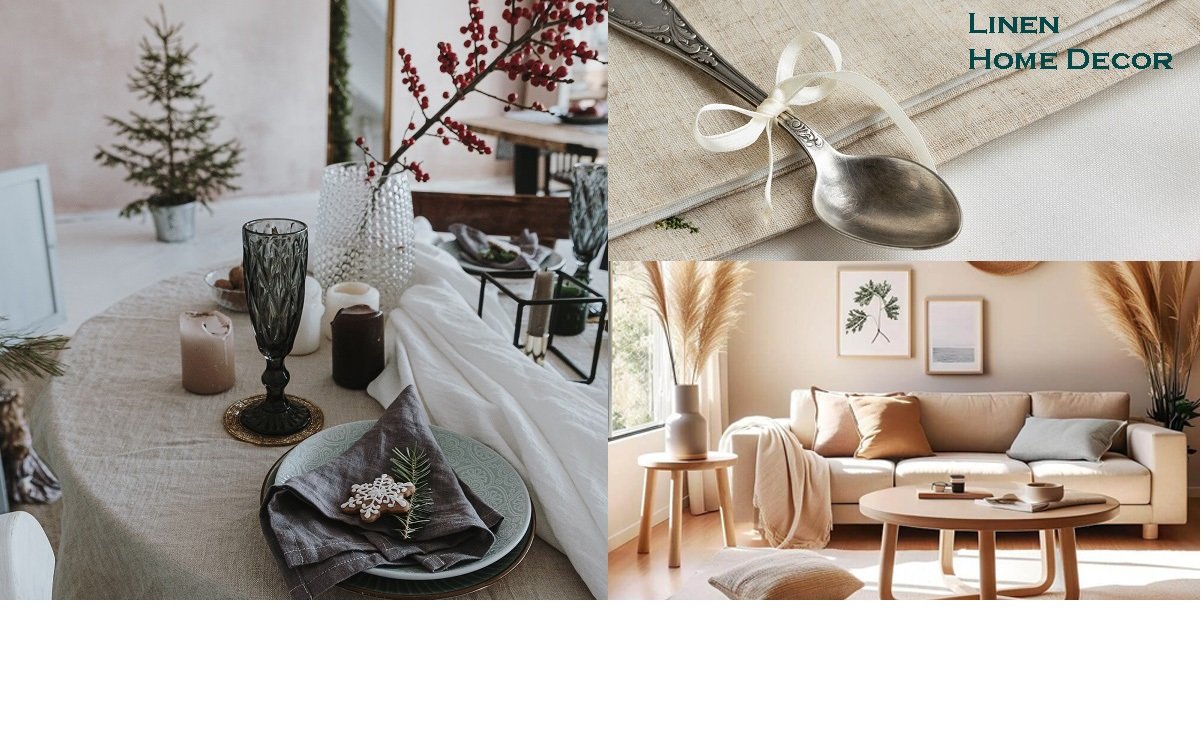 Linen fabric in Home Decor A tablecloth and tissues and pillows made from linen fabric are shown in home décor.