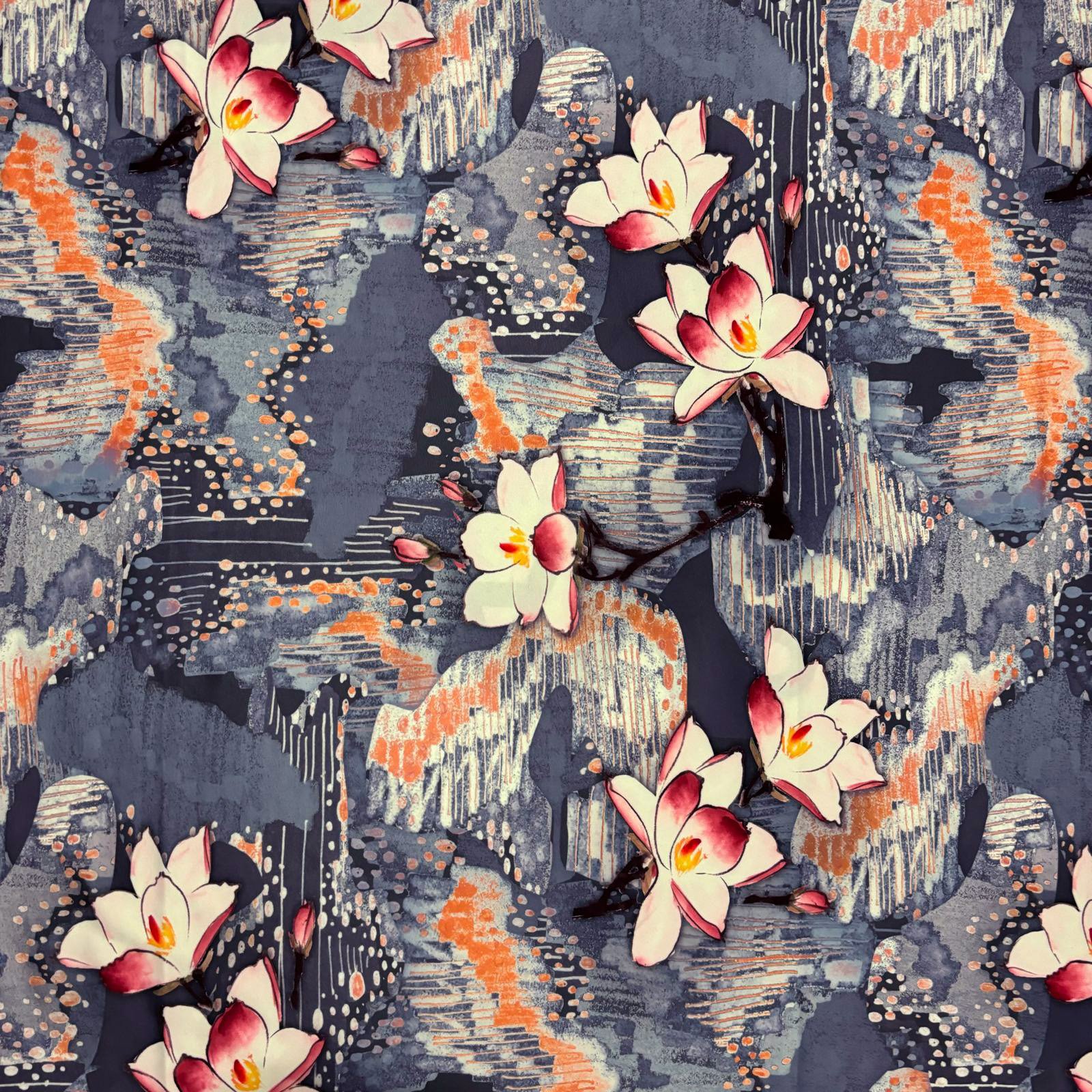 DTY DOUBLE BRUSH FABRIC KNIT| DIGITAL PRINT  KC-64 COL.5 GRAY BACKGROUND DTY DOUBLE BRUSH KNIT FABRIC/ POLYESTER FABRIC, STRETCH FABRIC ON A MANNEQUIN