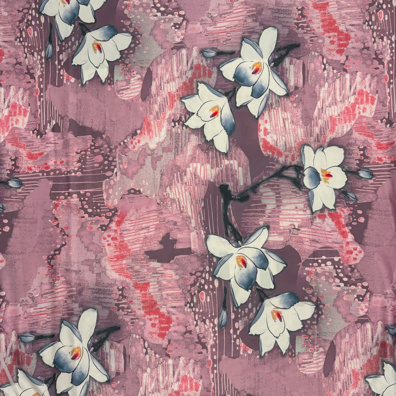 DTY DOUBLE BRUSH FABRIC KNIT| DIGITAL PRINT KC-64 COL.4 LIGHT MAUVE BACKGROUND DTY DOUBLE BRUSH KNIT FABRIC/ POLYESTER FABRIC, STRETCH FABRIC ON A MANNEQUIN