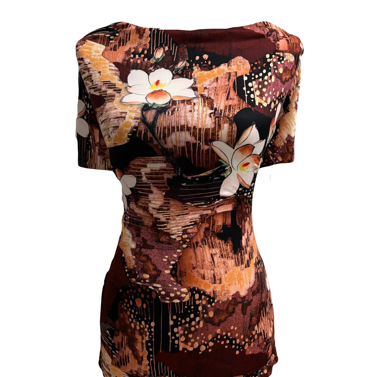 DTY DOUBLE BRUSH FABRIC KNIT| DIGITAL PRINT  KC-64 COL.2 GOLD-BROWN BACKGROUND DTY DOUBLE BRUSH KNIT FABRIC/ POLYESTER FABRIC, STRETCH FABRIC ON A MANNEQUIN