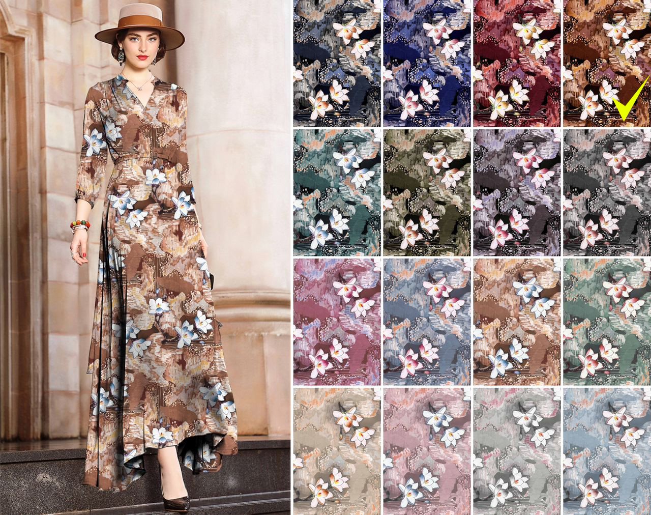 DTY DOUBLE BRUSH FABRIC KNIT| DIGITAL PRINT  KC-64 COL.2 GOLD-BROWN BACKGROUND DTY DOUBLE BRUSH KNIT FABRIC/ POLYESTER FABRIC, STRETCH FABRIC ON A MODEL