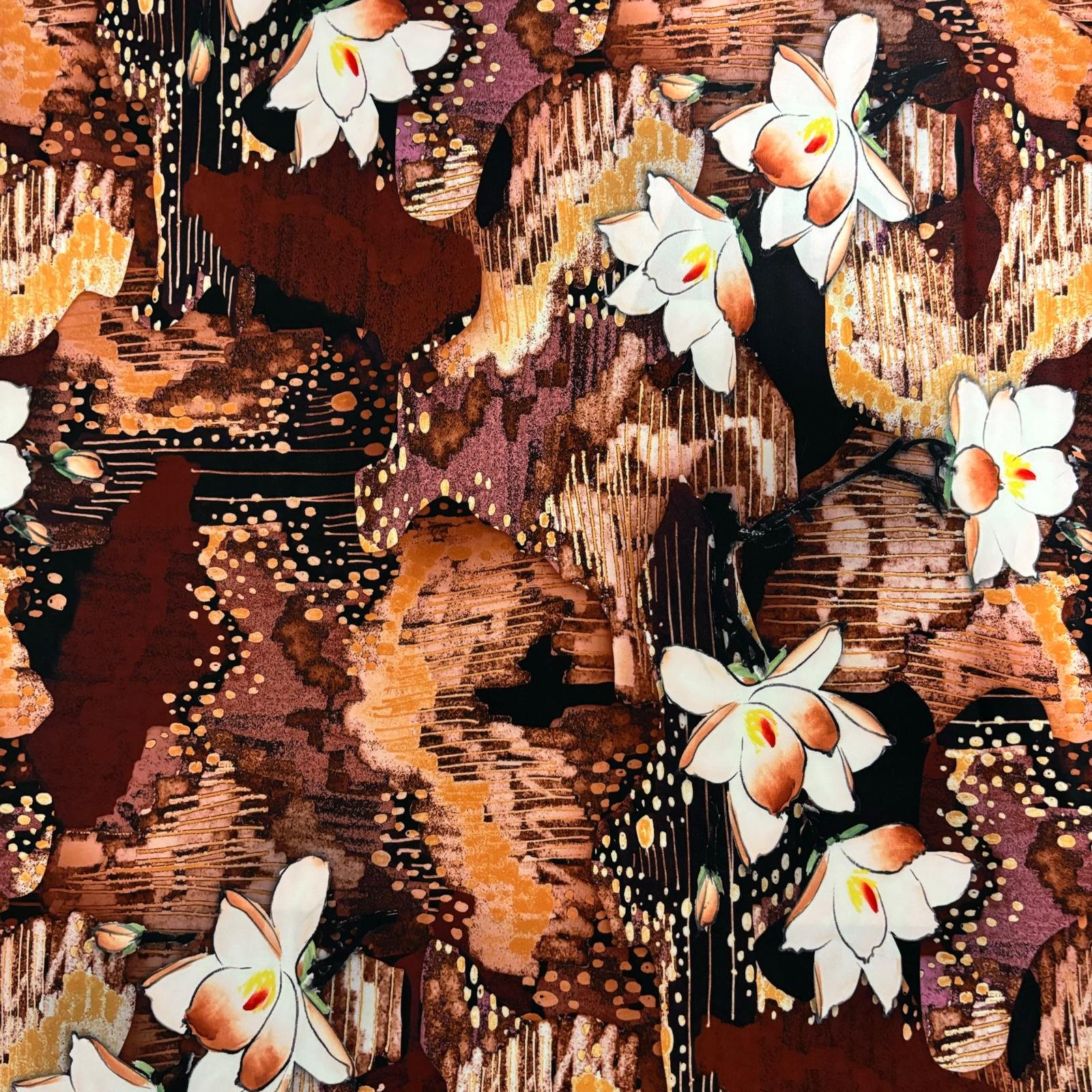 DTY DOUBLE BRUSH FABRIC KNIT| DIGITAL PRINT  KC-64 COL.2 GOLD-BROWN BACKGROUND DTY DOUBLE BRUSH KNIT FABRIC/ POLYESTER FABRIC, STRETCH FABRIC ON A MANNEQUIN