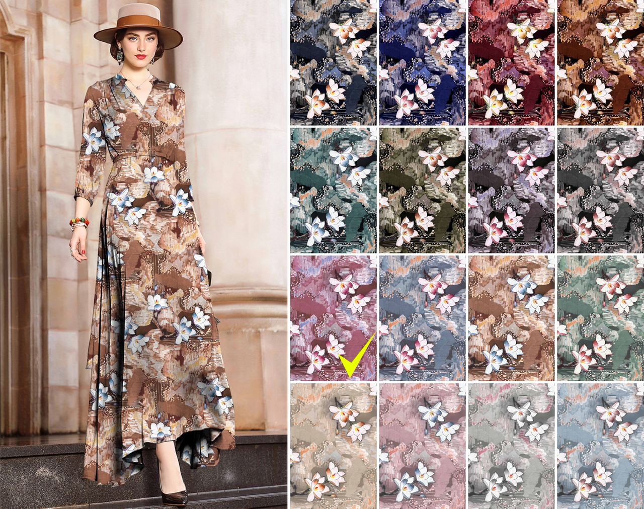 DTY DOUBLE BRUSH FABRIC KNIT| DIGITAL PRINT KC-64 COL.4 LIGHT MAUVE BACKGROUND DTY DOUBLE BRUSH KNIT FABRIC/ POLYESTER FABRIC, STRETCH FABRIC ON A MODEL