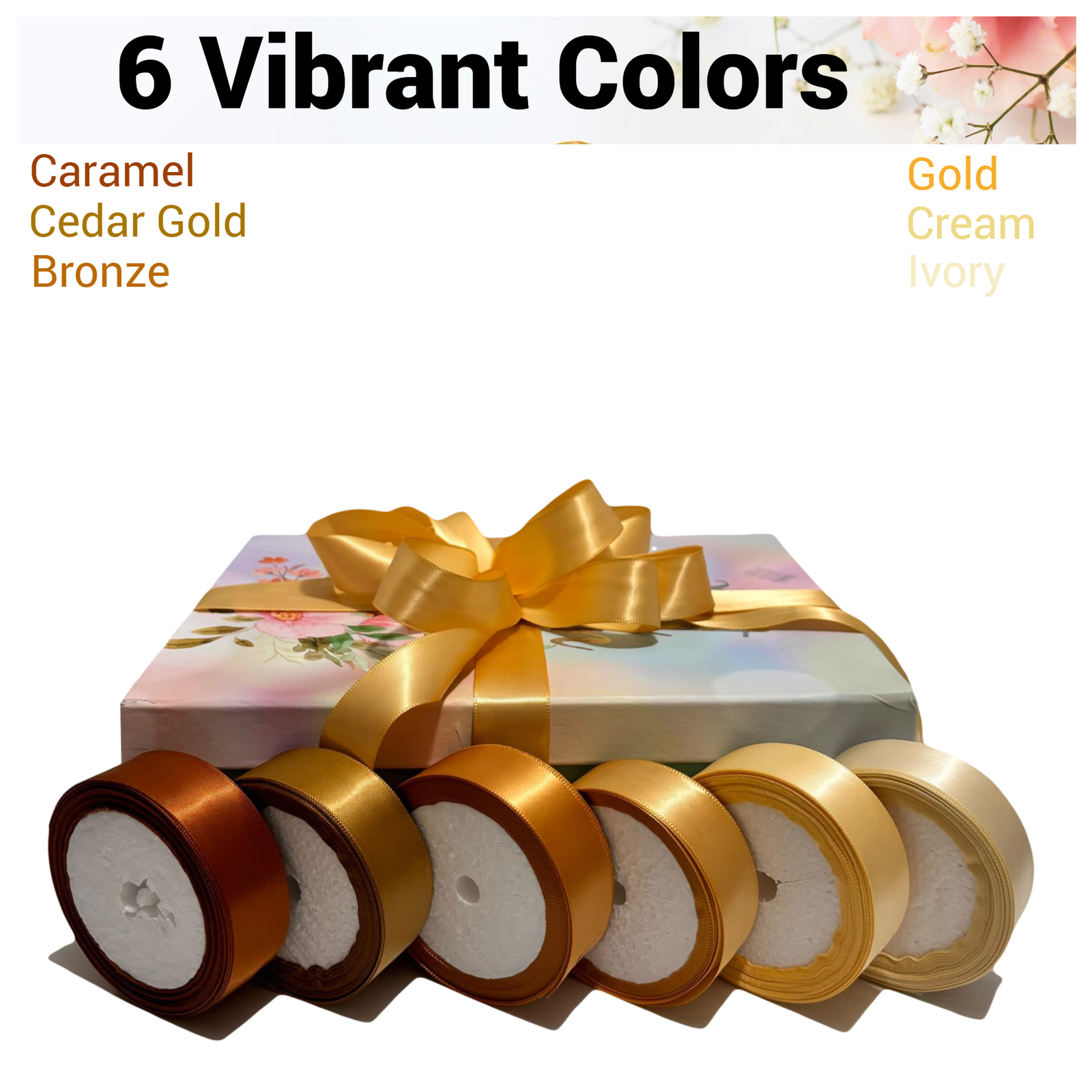 1-Inch Golden Ribbon Set 60 Yards Ribbon for Gift Wrapping Christmas Ribbon Satin ribbon Baby Bows Wedding Birthdays Party Decoration Crafting Bouquet Ribbon (10 yards/roll)